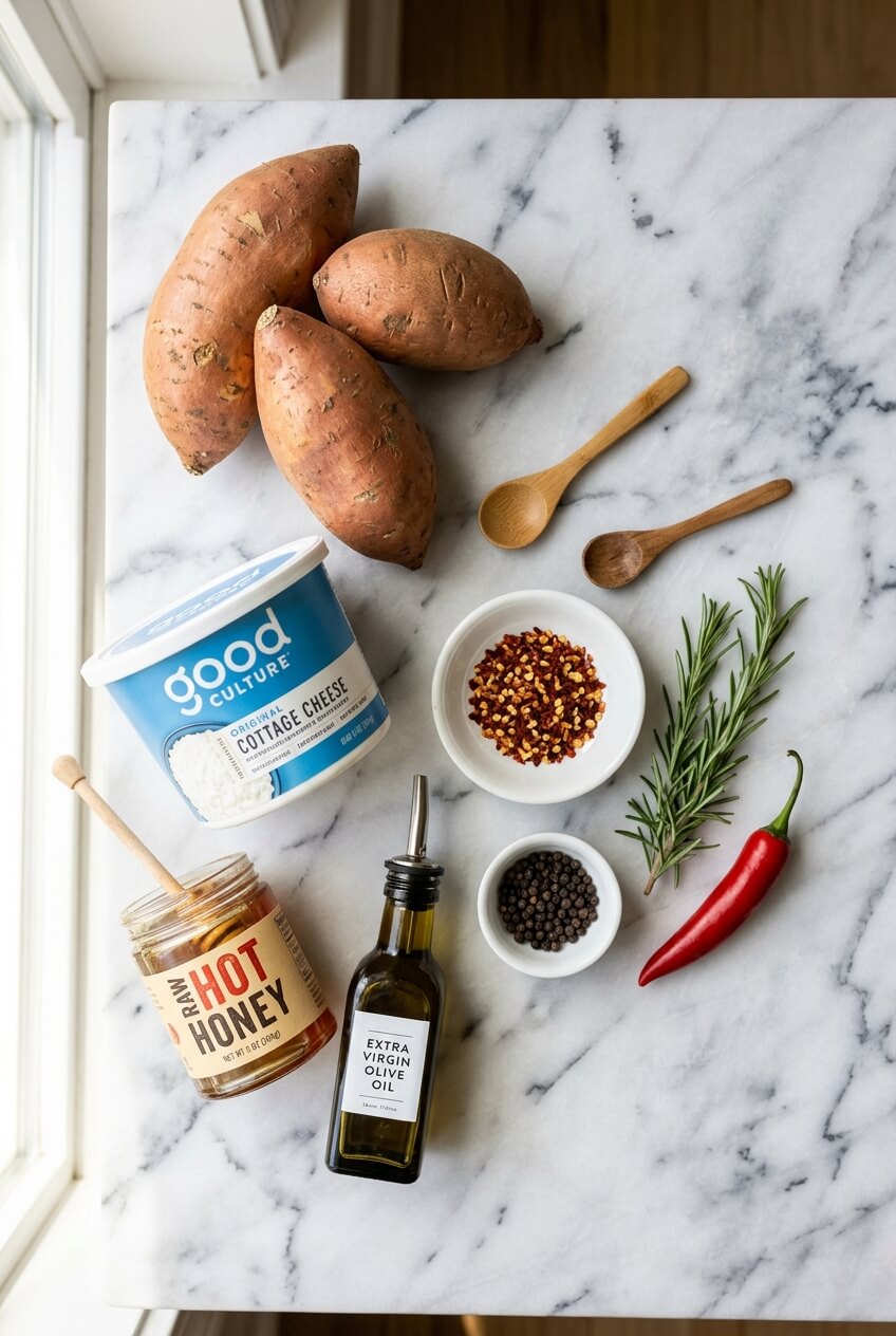 Ingredients for Hot Honey Cottage Cheese Sweet Potato Bowl