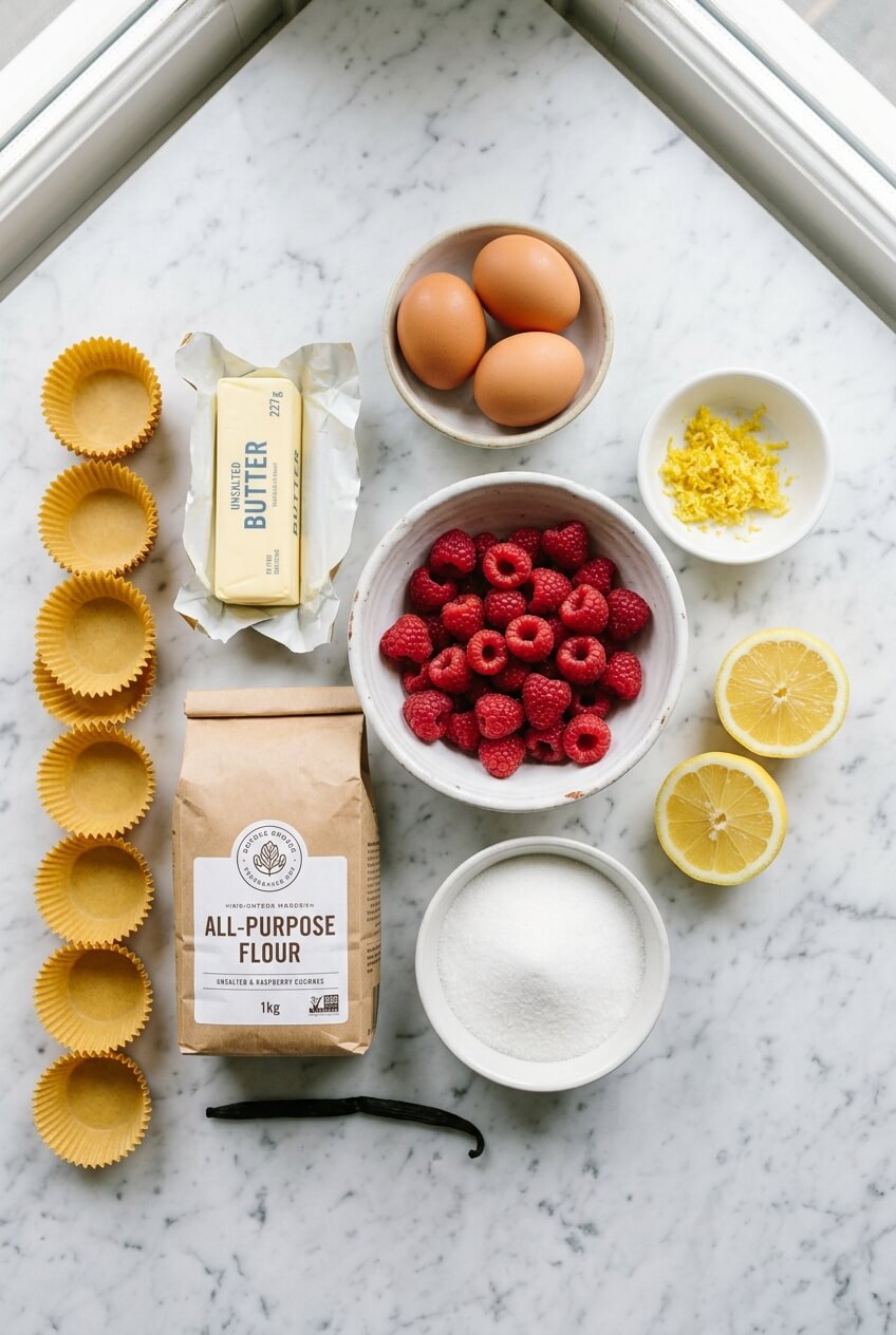 Ingredients for Raspberry Lemon Cupcakes laid out flat