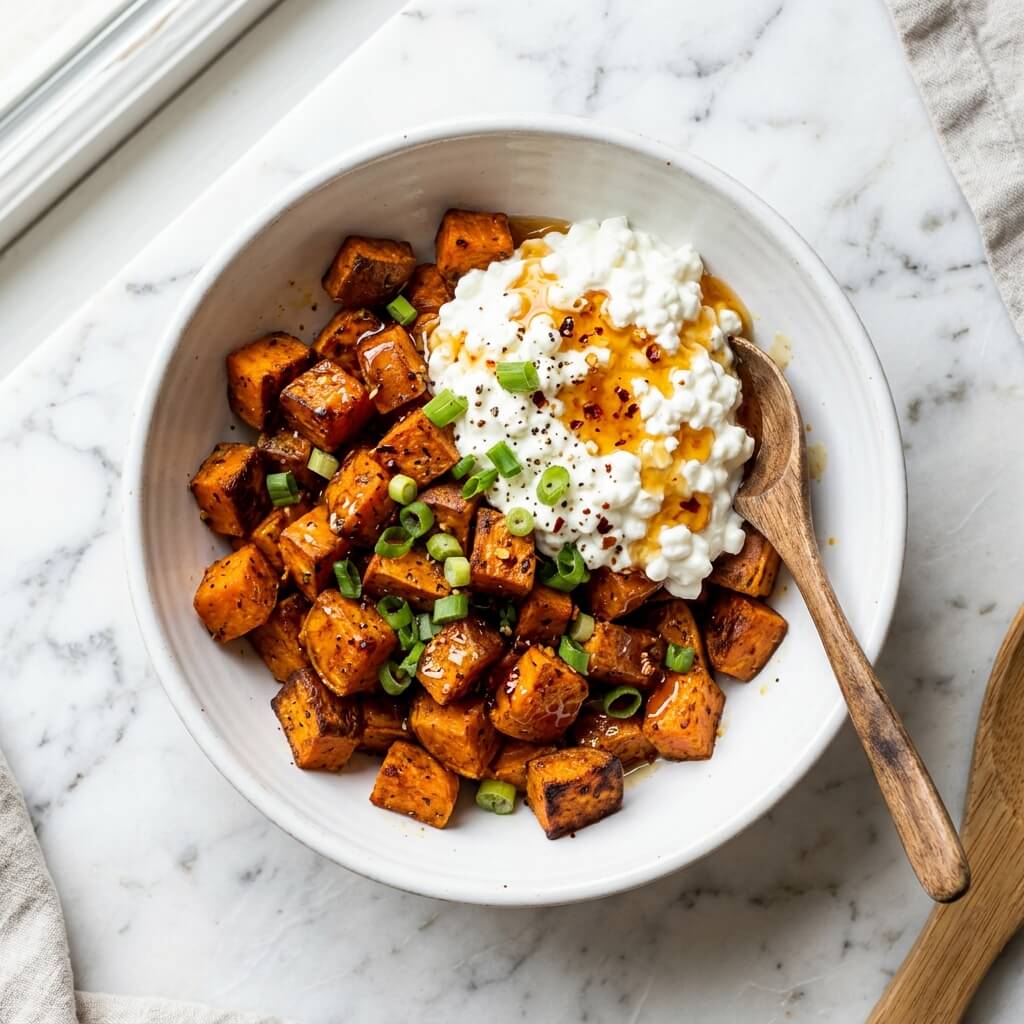 Hot Honey Cottage Cheese Sweet Potato Bowl Recipe - Hot Honey Cottage Cheese Sweet Potato Bowl Recipe served in a white bowl overhead view