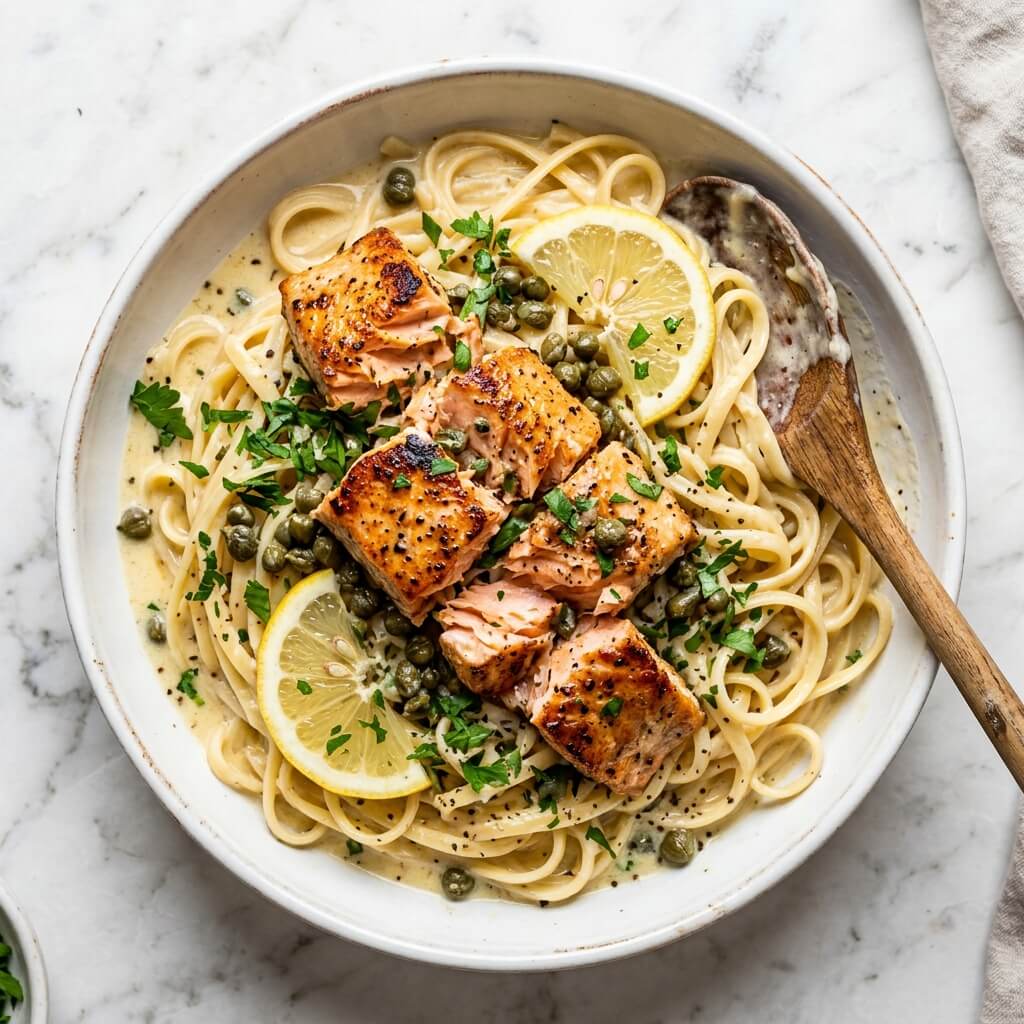 Creamy Lemon Salmon Piccata Pasta Recipe - Creamy Lemon Salmon Piccata Pasta Recipe served in a white bowl overhead view