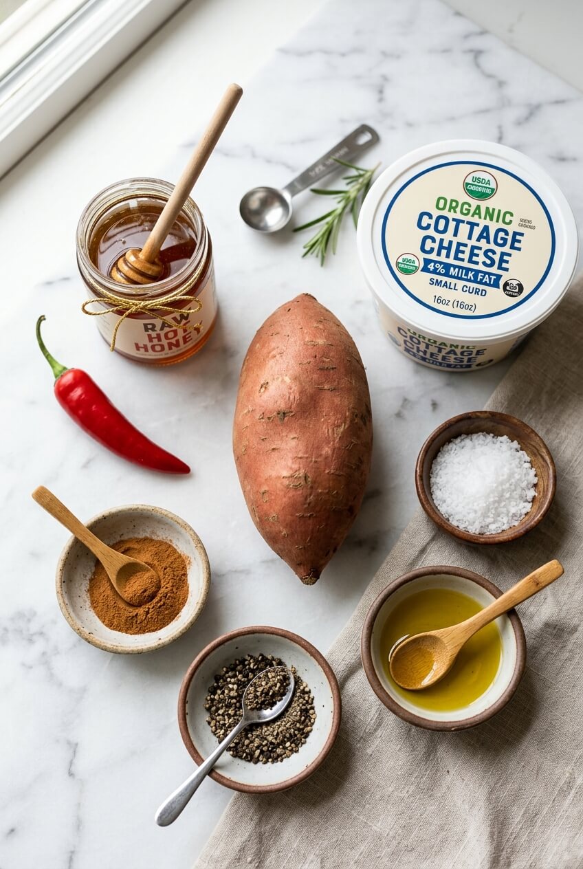Ingredients for Hot Honey Cottage Cheese Sweet Potato Bowl