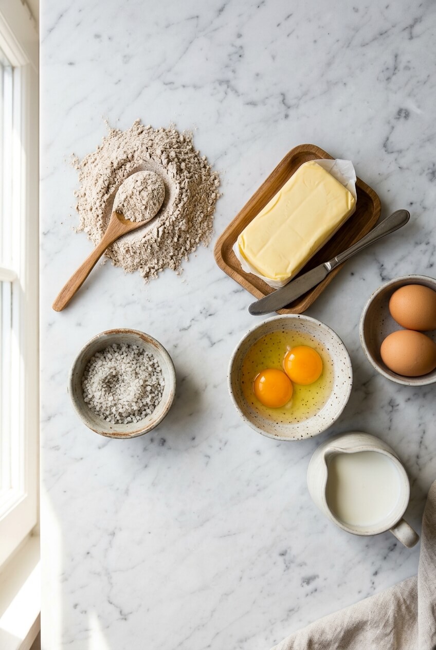 Ingredients for Galettes Bretonnes laid out on a counter