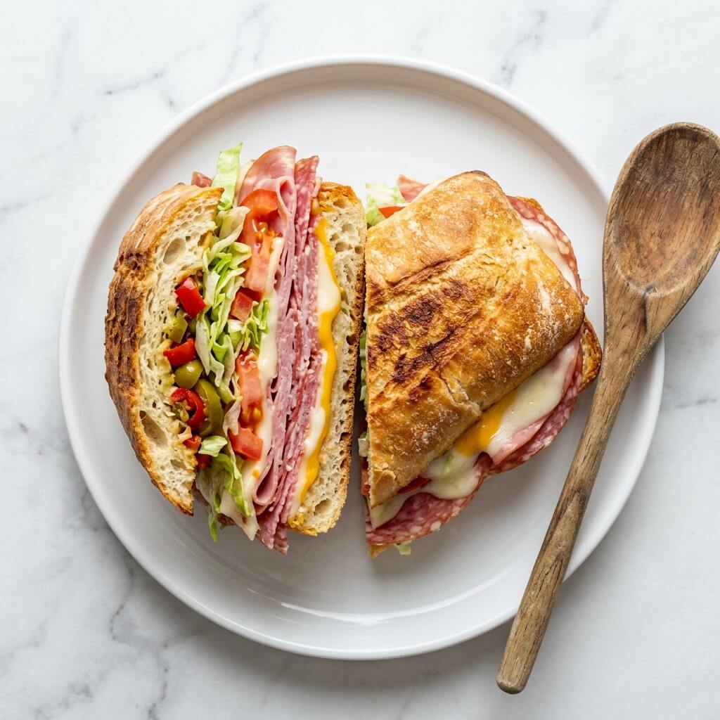 Toasted Italian Sandwich Recipe - Toasted Italian Sandwich Recipe served in a white bowl overhead view