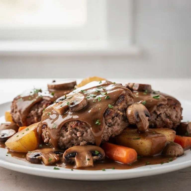 Amish hamburger steak bake, hamburger steak and potatoes, one-pan beef dinner, homestyle beef casserole, easy Amish recipes