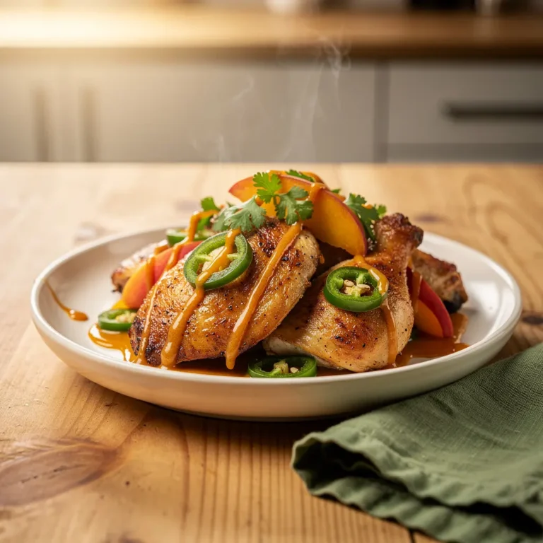 jalapeño peach chicken, sweet and spicy chicken recipe, peach glaze chicken, easy weeknight dinner, spicy chicken thighs