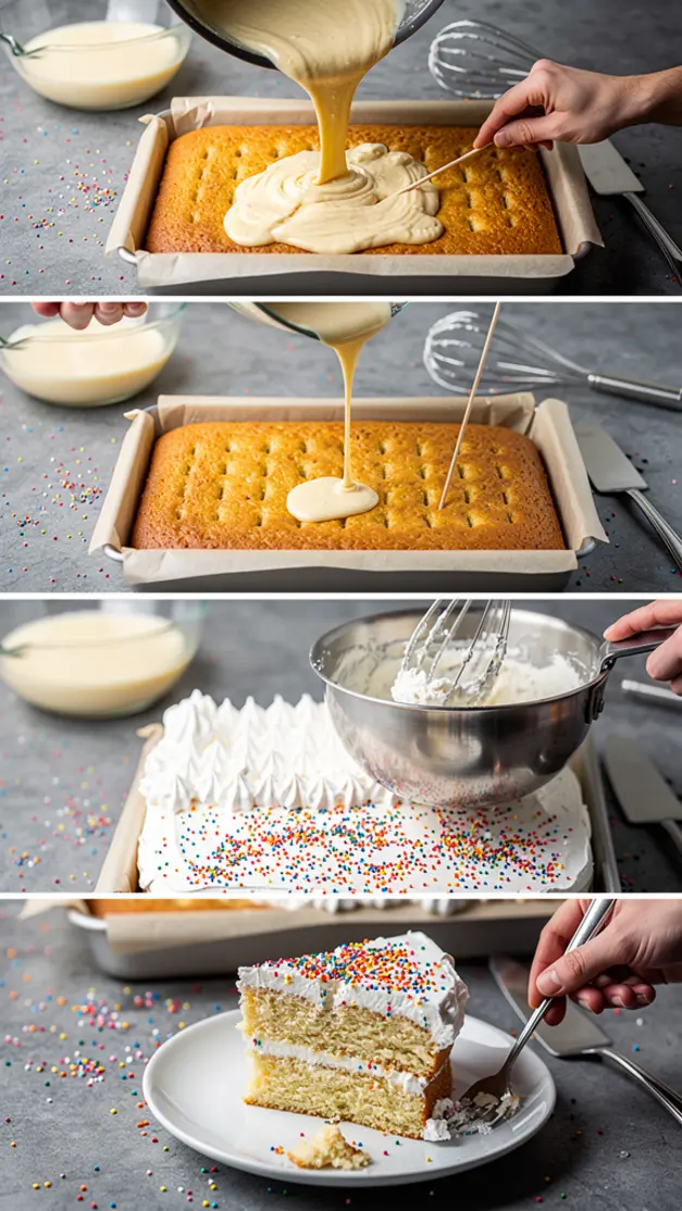 Step-by-step process for 4th Of July Funfetti Poke Cake Recipe (Red White & Blue)
