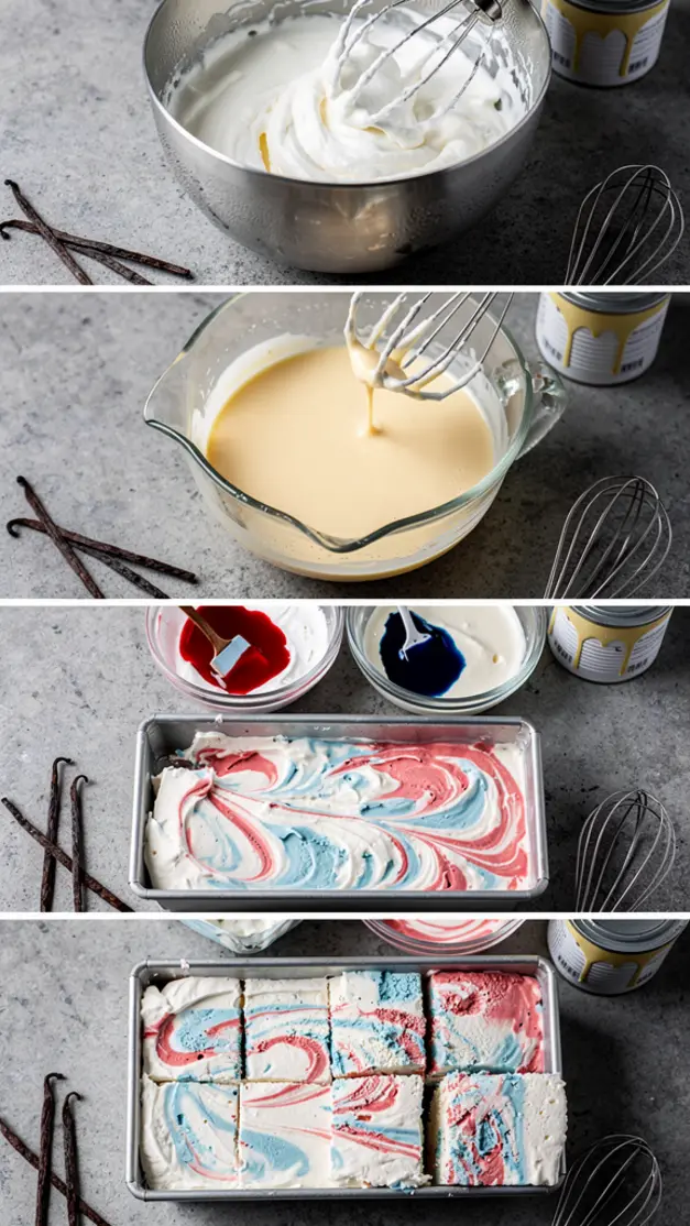 Step-by-step process for 4th Of July No-Churn Red White & Blue Swirl Ice Cream Recipe (3 Ingredients)