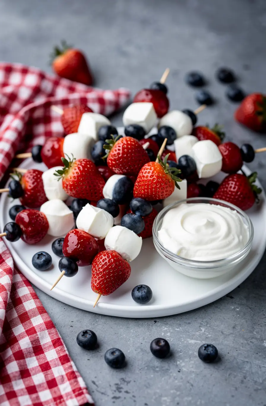 4th Of July Patriotic Fruit Skewers with Cream Cheese Dip Recipe (Red White & Blue) – finished dish