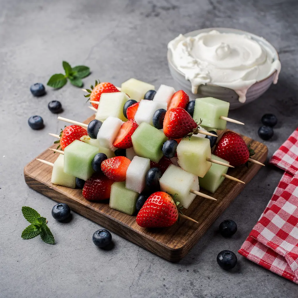 4th Of July Patriotic Fruit Skewers with Cream Cheese Dip Recipe (Red White & Blue), easy patriotic fruit skewers recipe, homemade red white and blue fruit skewers, best 4th of July fruit skewers recipe, how to make patriotic fruit skewers with dip