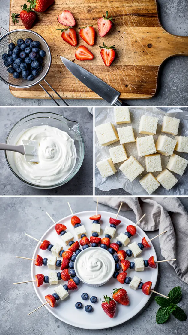 Step-by-step process for 4th Of July Patriotic Fruit Skewers with Cream Cheese Dip Recipe (Red White & Blue)