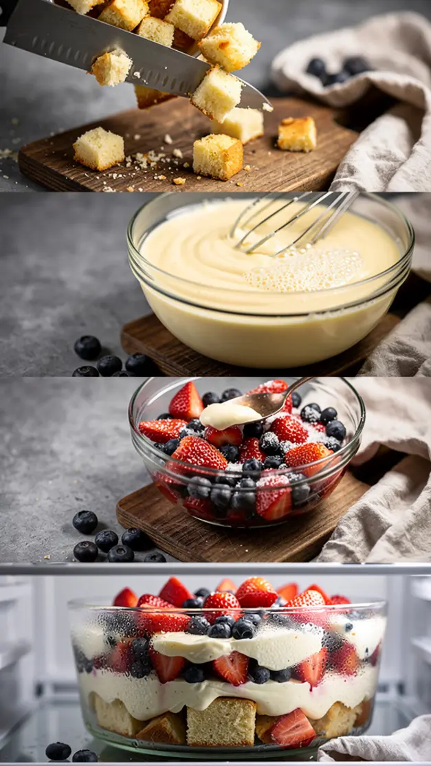 Step-by-step process for 4th Of July Red White & Blue Trifle Recipe (No-Bake, 20 Minutes)