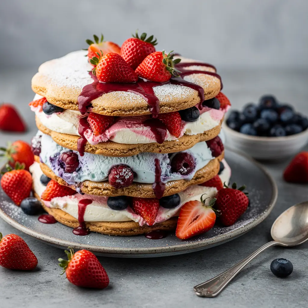 4th of July Red, White & Blueberry Ice Cream Sandwich Cake Recipe, easy 4th of July ice cream cake recipe, homemade patriotic ice cream cake, best 4th of July dessert recipe, how to make red white and blueberry ice cream cake