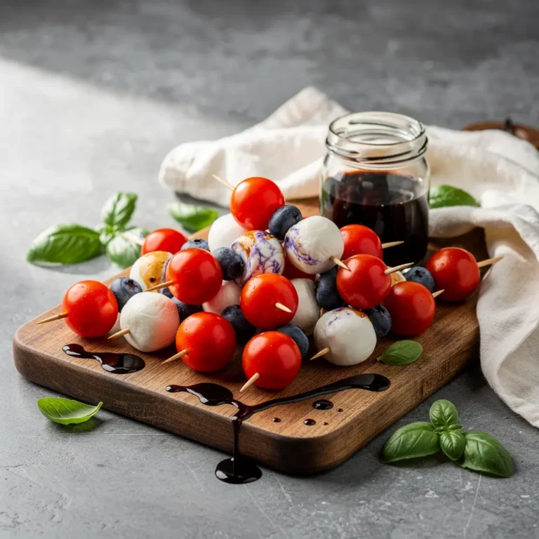 4th of July Red White and Blue Caprese Skewers with Balsamic Glaze Recipe, easy 4th of July Caprese skewers, homemade red white and blue appetizers, best patriotic snack recipe, how to make 4th of July skewers