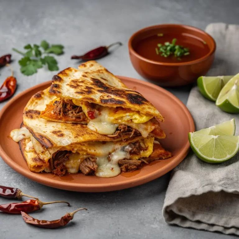 Birria-Style Breakfast Quesadilla with Consommé Dipping Sauce Recipe, easy birria-style breakfast quesadilla recipe, homemade birria breakfast quesadilla, best birria-style quesadilla recipe, how to make birria breakfast quesadilla