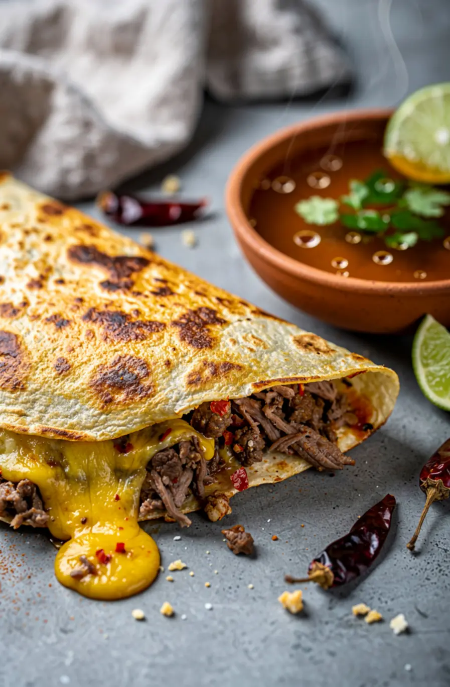 Birria-Style Breakfast Quesadilla with Consommé Dipping Sauce Recipe – finished dish