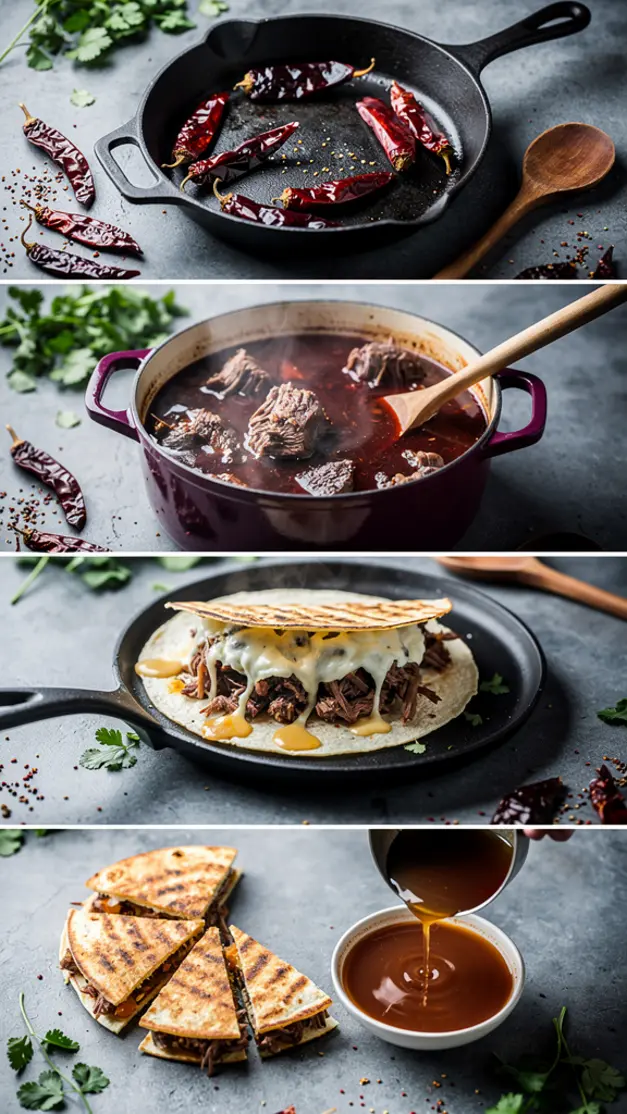 Step-by-step process for Birria-Style Breakfast Quesadilla with Consommé Dipping Sauce Recipe