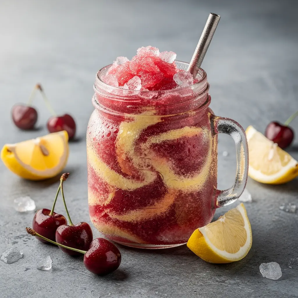 Cherry Lemonade Slushie Recipe (No Machine, 3 Ingredients), easy cherry lemonade slushie recipe, homemade cherry lemonade slushie, best cherry lemonade slushie recipe, how to make cherry lemonade slushie