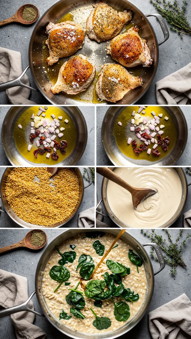 Step-by-step process for Creamy Tuscan Chicken Orzo Recipe (One Pan, 30 Minutes)