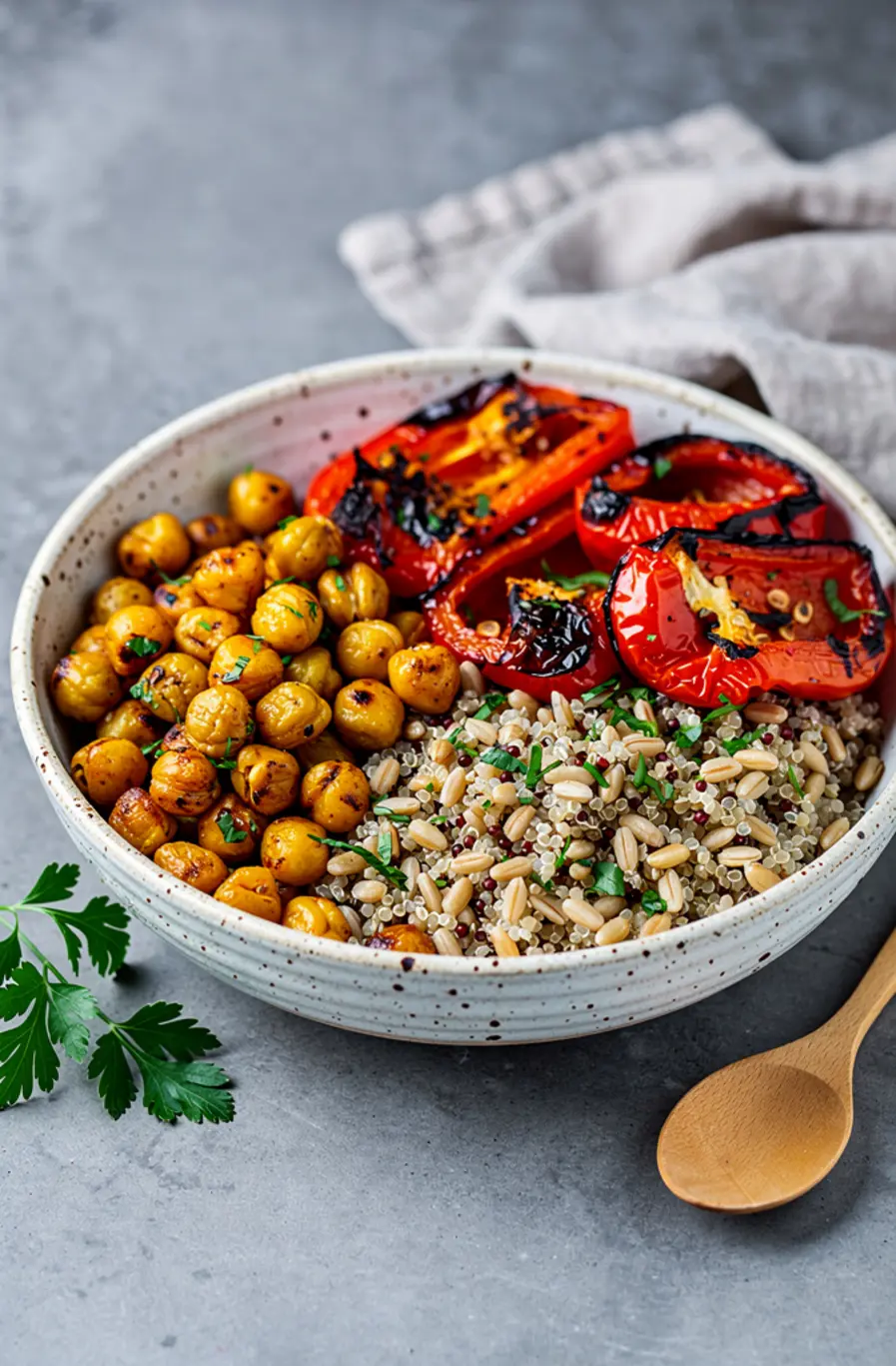 Crispy Chickpea & Roasted Red Pepper Grain Bowl Recipe – finished dish