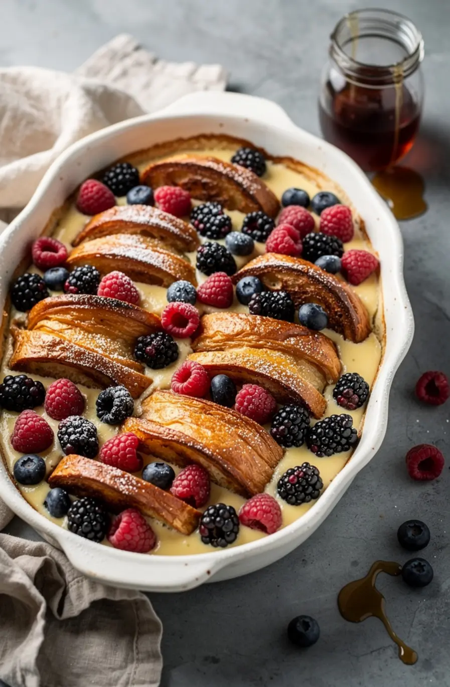 Croissant French Toast Bake with Vanilla Custard & Fresh Berries Recipe – finished dish
