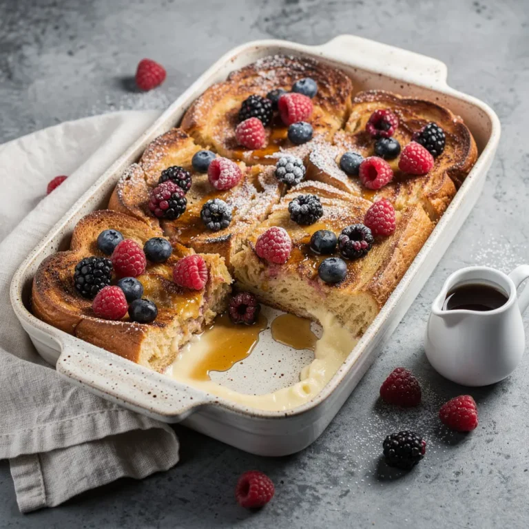 Croissant French Toast Bake with Vanilla Custard & Fresh Berries Recipe, easy croissant French toast bake recipe, homemade vanilla custard French toast bake, best croissant French toast bake recipe, how to make croissant French toast bake