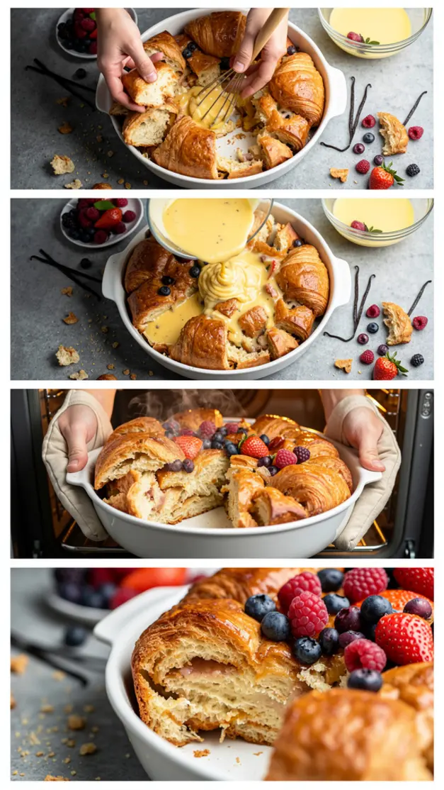 Step-by-step process for Croissant French Toast Bake with Vanilla Custard & Fresh Berries Recipe