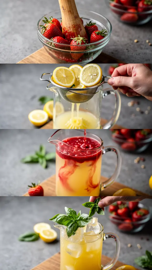 Step-by-step process for Fresh Strawberry Basil Lemonade Recipe