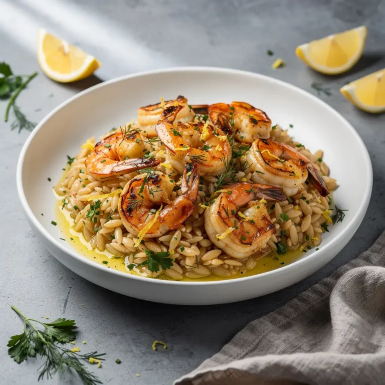 Garlic Butter Shrimp Orzo with Lemon & Fresh Herbs Recipe, easy garlic butter shrimp orzo recipe, homemade shrimp orzo with lemon and herbs, best garlic butter shrimp orzo recipe, how to make garlic butter shrimp orzo