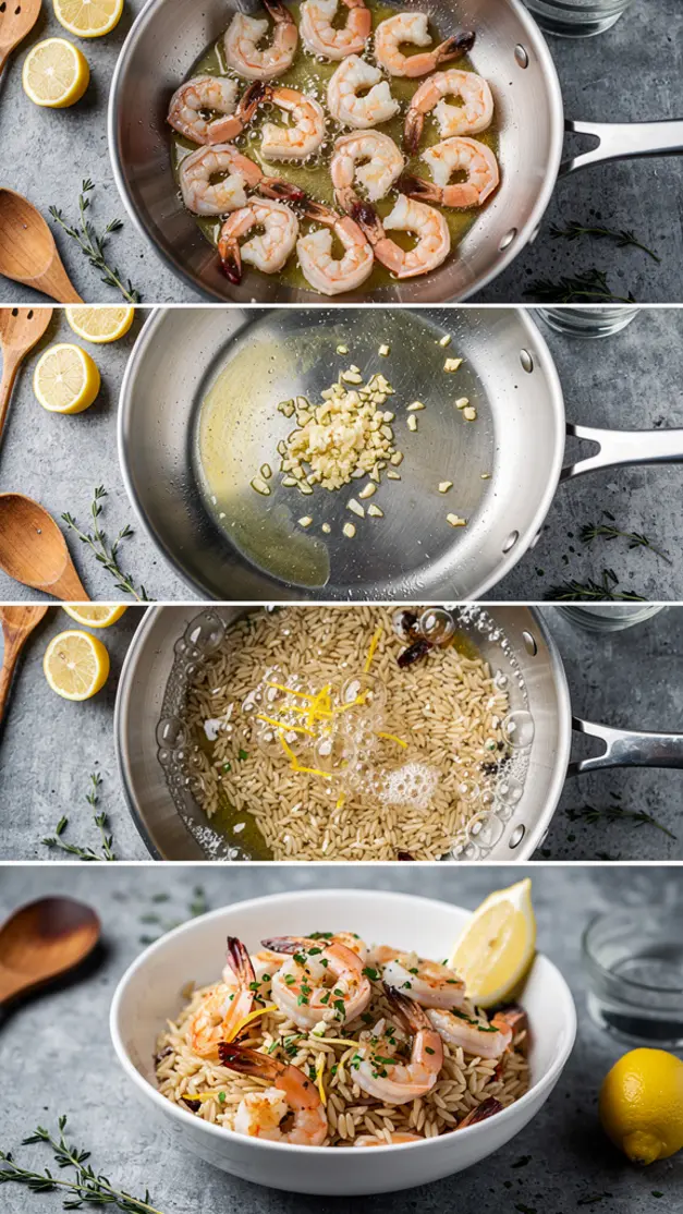 Step-by-step process for Garlic Butter Shrimp Orzo with Lemon & Fresh Herbs Recipe