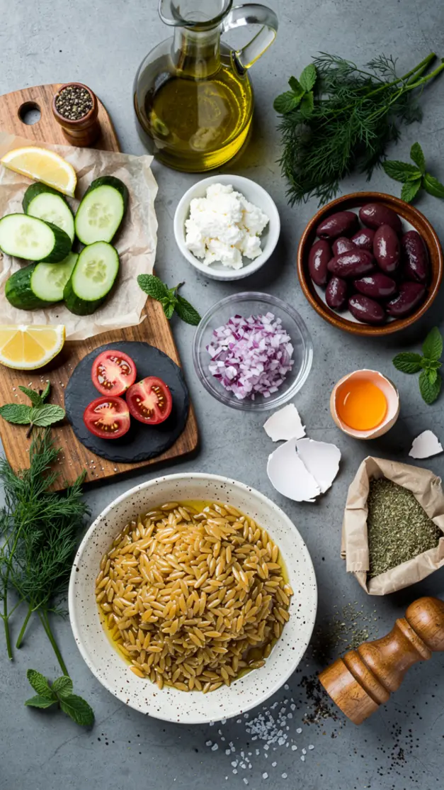 Ingredients for Greek Orzo Salad with Cucumber, Feta & Kalamata Olives Recipe