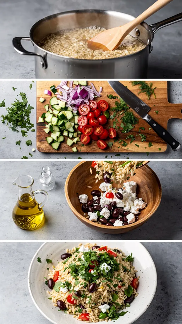 Step-by-step process for Greek Orzo Salad with Cucumber, Feta & Kalamata Olives Recipe