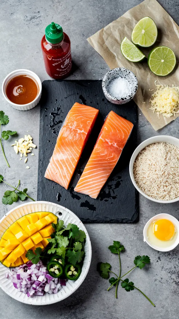Ingredients for Honey Sriracha Salmon Rice Bowl with Mango Salsa Recipe