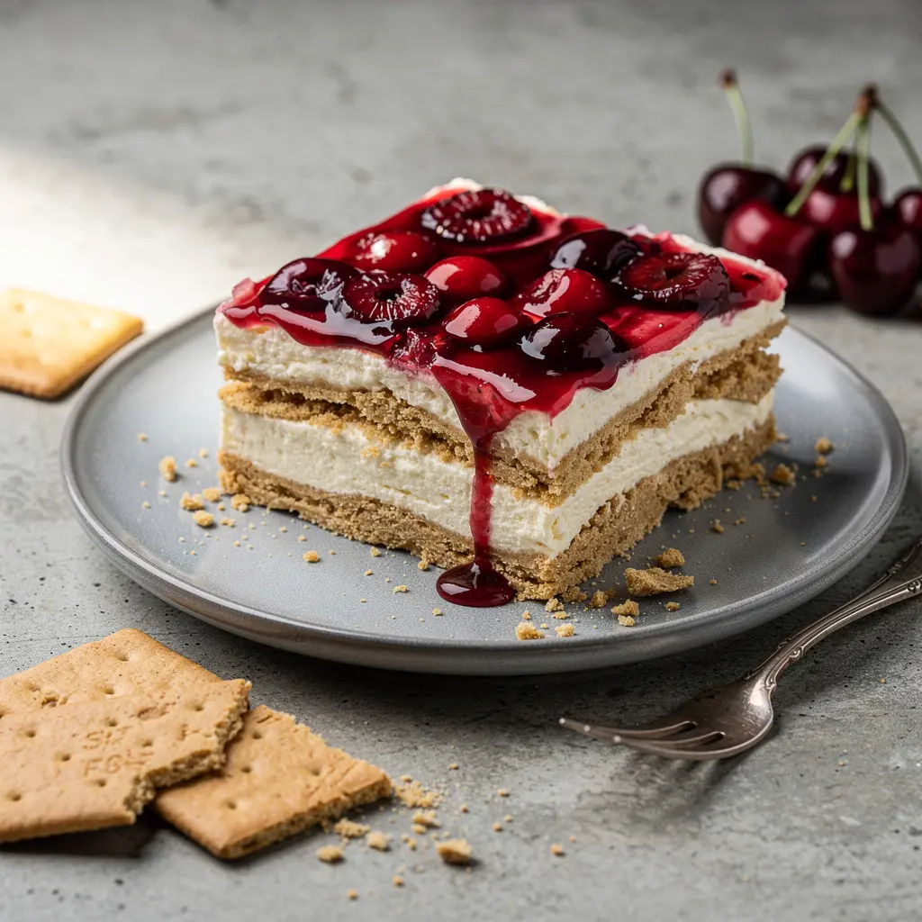 No-Bake Cherry Cheesecake Lasagna Recipe, easy no-bake cherry cheesecake lasagna, homemade cherry cheesecake lasagna, best no-bake cheesecake lasagna recipe, how to make cherry cheesecake lasagna