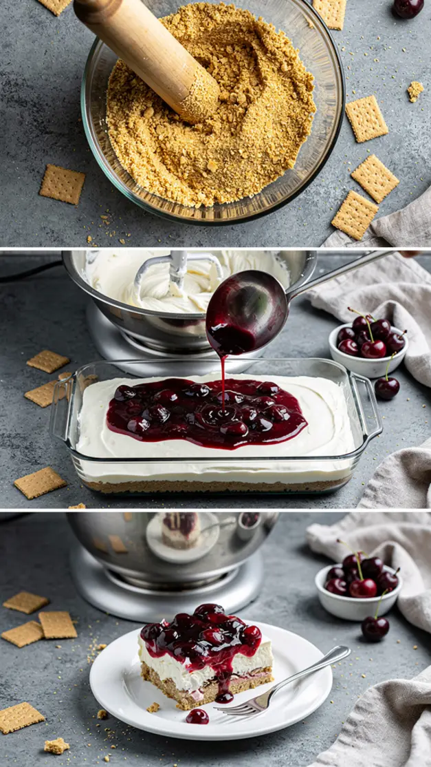 Step-by-step process for No-Bake Cherry Cheesecake Lasagna Recipe