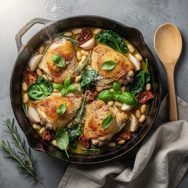One-Pan Tuscan White Bean & Spinach Chicken Skillet Recipe, easy Tuscan white bean chicken skillet, homemade Tuscan chicken skillet recipe, best one-pan white bean chicken recipe, how to make Tuscan chicken and spinach skillet