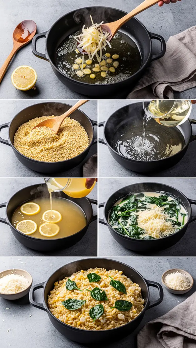 Step-by-step process for One-Pot Lemon Orzo with Spinach & Parmesan Recipe