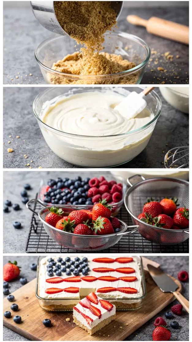 Step-by-step process for Patriotic Strawberry Blueberry Cheesecake Flag Bars Recipe for the 4th Of July