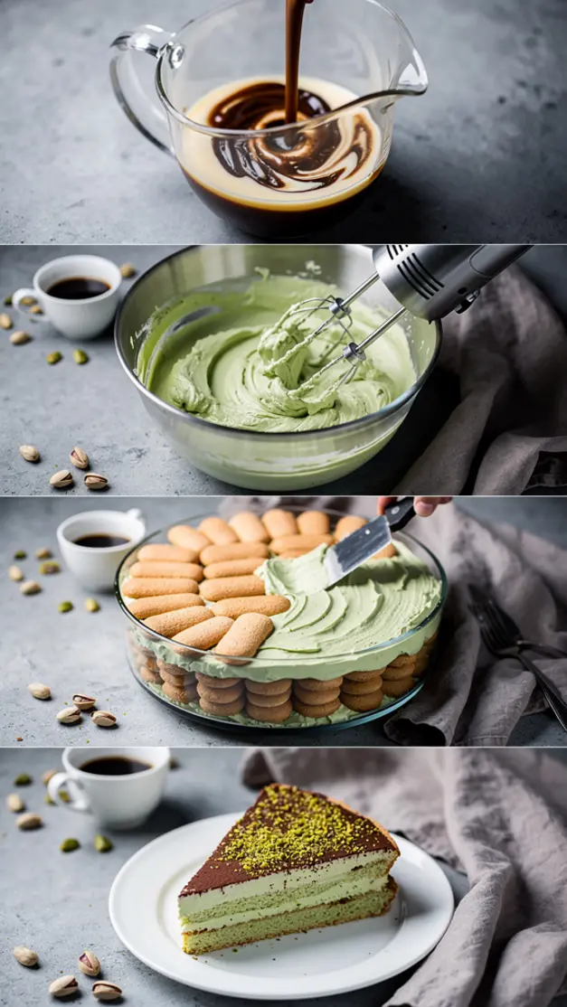 Step-by-step process for Pistachio Cream Tiramisu (No-Bake, No Eggs) Recipe