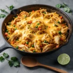 Mexican chicken and rice recipe, baked queso chicken, one-pan Mexican dinner, cilantro lime rice recipe, easy Pollo Loco copycat