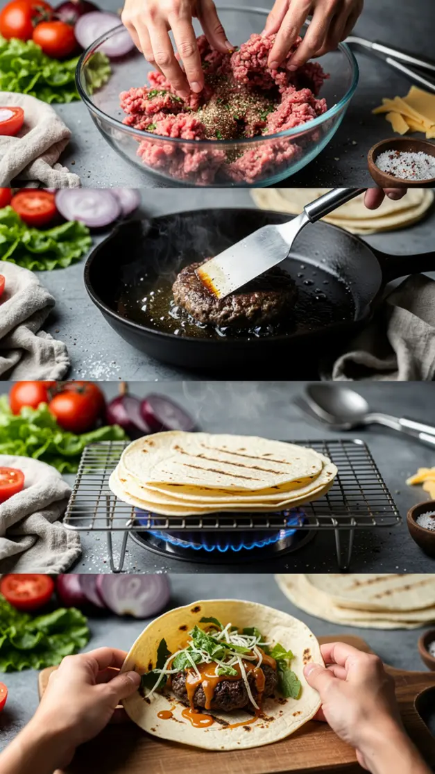 Step-by-step process for Savory Smash Burger Tacos Recipe