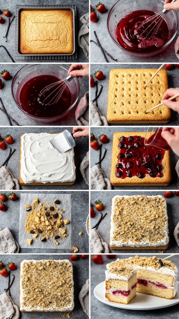 Step-by-step process for Strawberry Crunch Poke Cake Recipe (Better Than the Bakery)