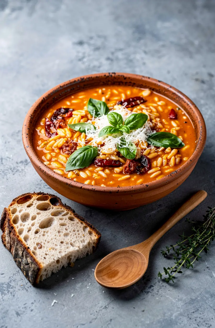 Sun-Dried Tomato & Roasted Red Pepper Orzo Soup Recipe – finished dish