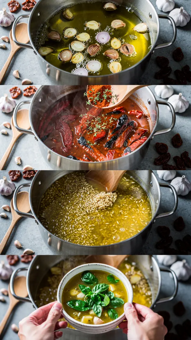 Step-by-step process for Sun-Dried Tomato & Roasted Red Pepper Orzo Soup Recipe
