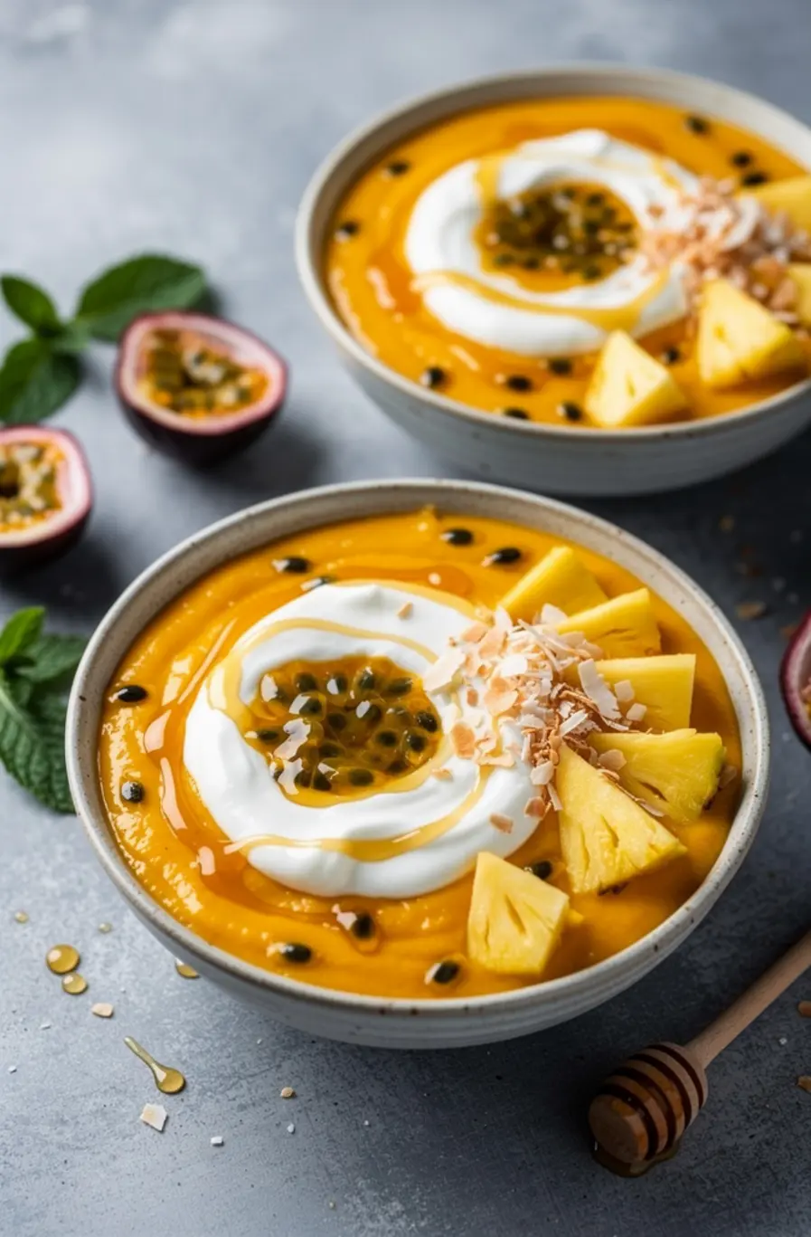 Tropical Sunrise Smoothie Bowls Recipe (Mango-Pineapple-Passionfruit) – finished dish