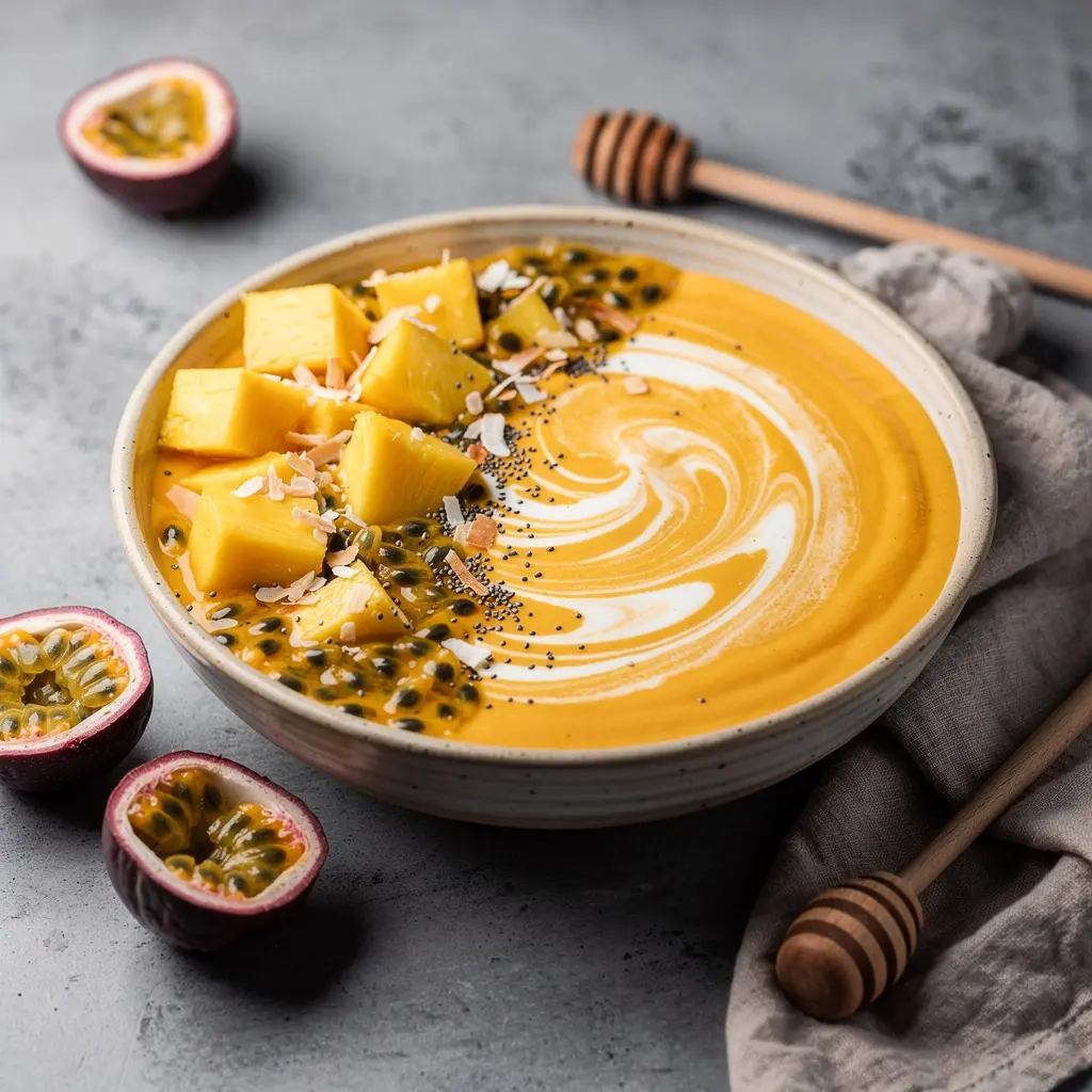 Tropical Sunrise Smoothie Bowls Recipe (Mango-Pineapple-Passionfruit), easy Tropical Sunrise Smoothie Bowls, homemade mango pineapple passionfruit smoothie bowl, best Tropical Sunrise Smoothie Bowls recipe, how to make Tropical Sunrise Smoothie Bowls
