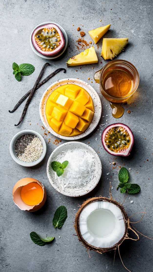 Ingredients for Tropical Sunrise Smoothie Bowls Recipe (Mango-Pineapple-Passionfruit)