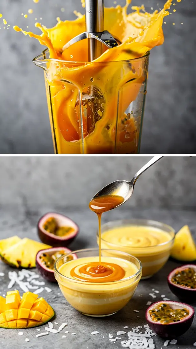Step-by-step process for Tropical Sunrise Smoothie Bowls Recipe (Mango-Pineapple-Passionfruit)